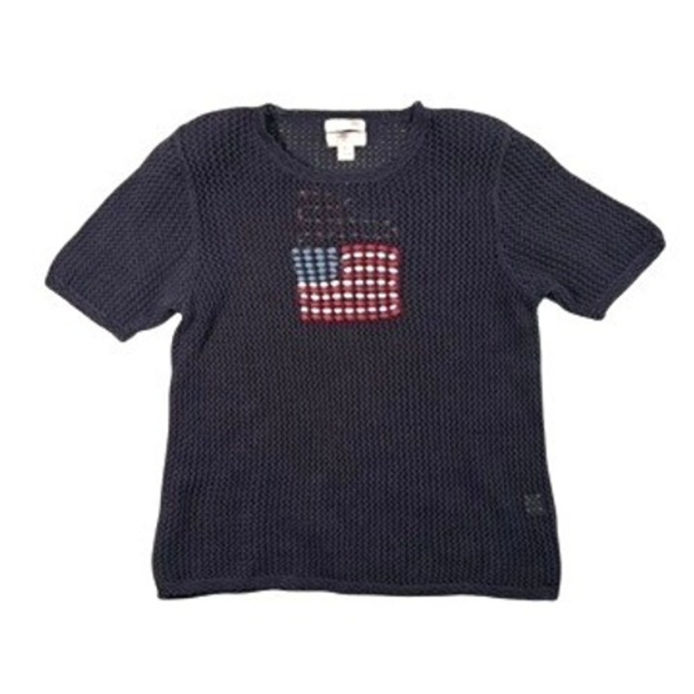Hand Embroidered Patriotic Flag Knit Sweater M Short Sleeve Navy Blue Americana